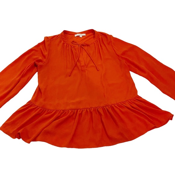 Loft Orange Red Tie Front Peasant Blouse With Ruffle Peplum Hem, Size Large - Picture 3 of 16